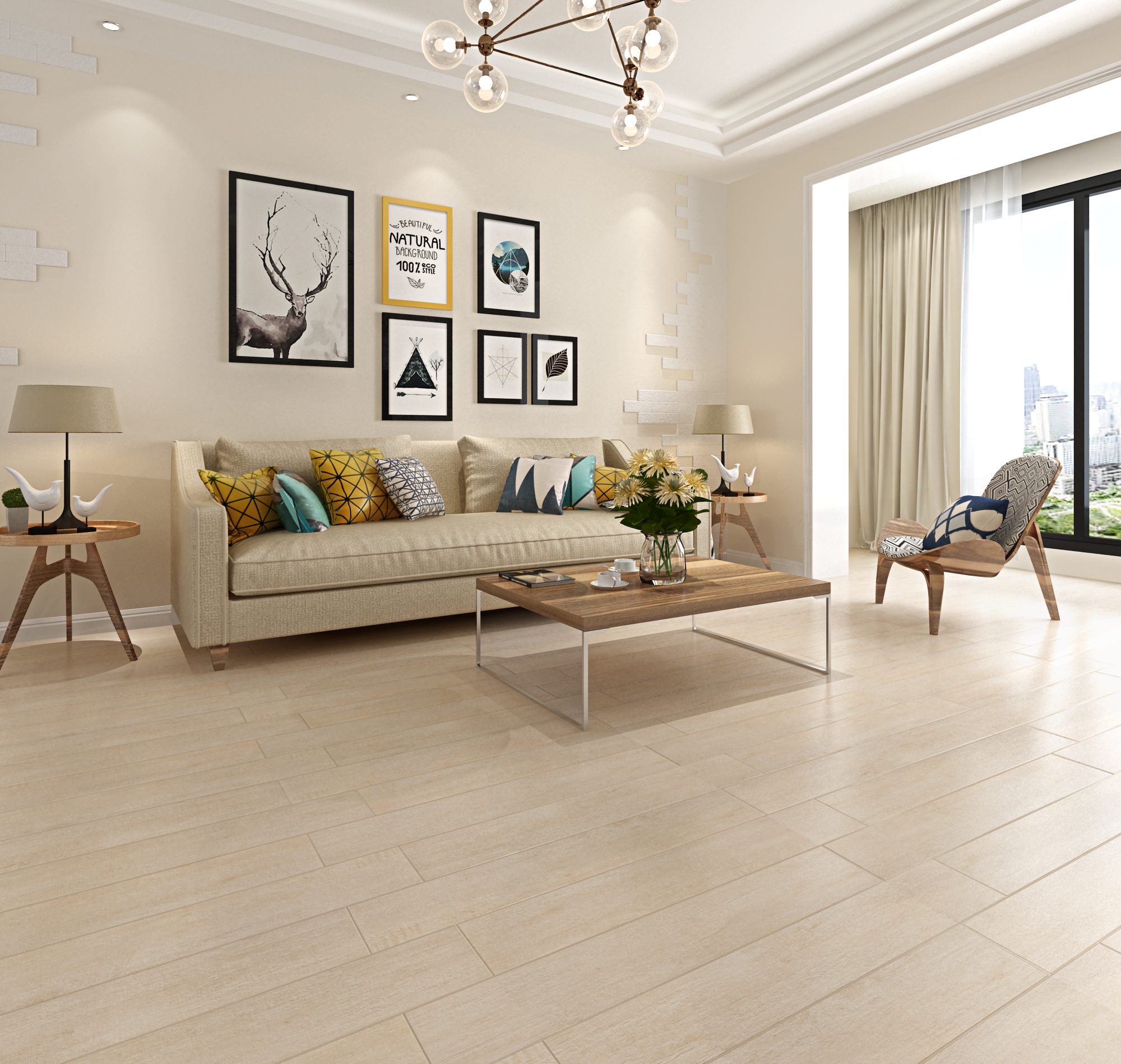 木紋地磚 - 客廳，餐廳，臥室